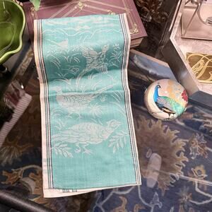 Vtg. Aqua & Cream Damask Linen Tea Towel Pheasant Wildlife Motif  22”x31” UNUSED